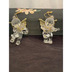 Vintage Angels Christmas Ornaments Clear Acrylic Cherubs Gold Winged Set of 2
